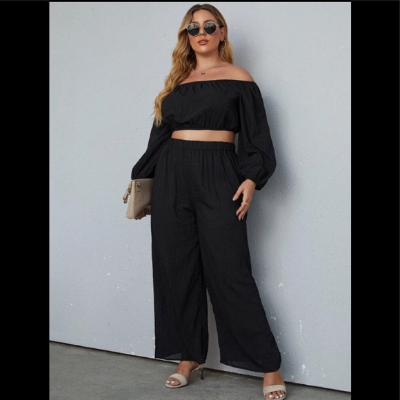 🔥Black Off The Shoulder Top & Wide Leg Pants SET🔥4XL🔥New 🔥SHEIN CURVE - Picture 11 of 16